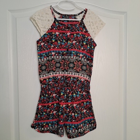 Star Ride Red Lace Romper Bohemian Paisley Floral Print - Picture 1 of 4